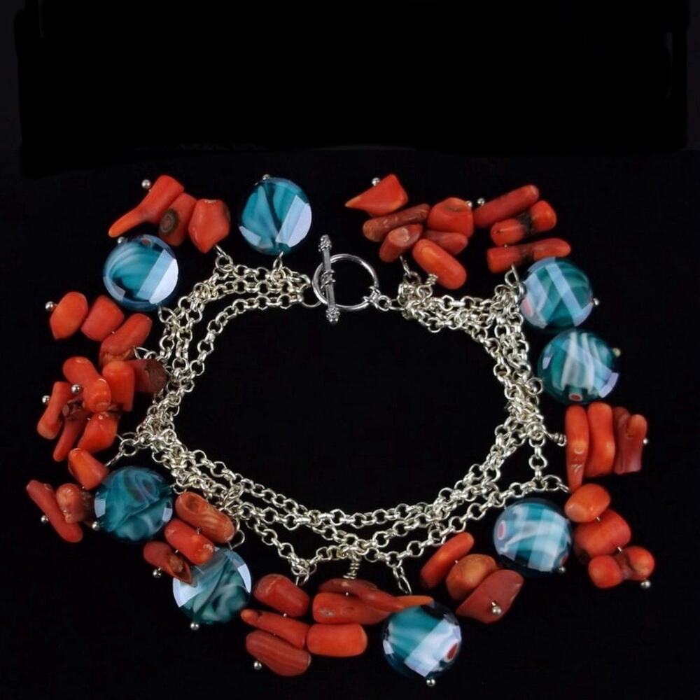 Red Coral‎ Artisan Glass Bracelet Silver Tone Dangle Triple Strand 8.25”
